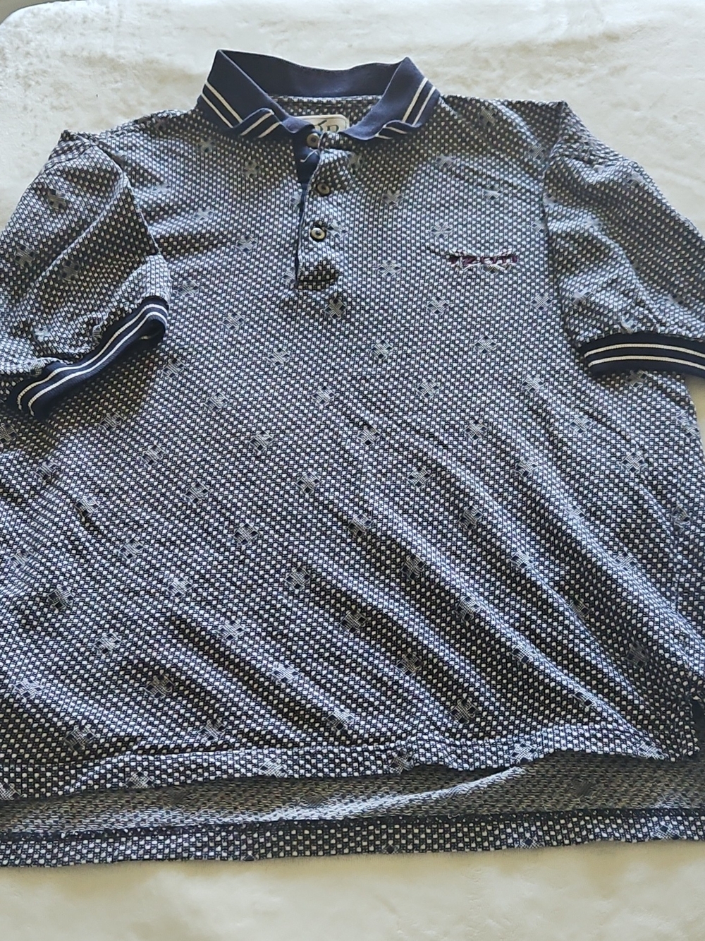 Vintage Izod Navy Micro-Print Polo with Striped Collar
